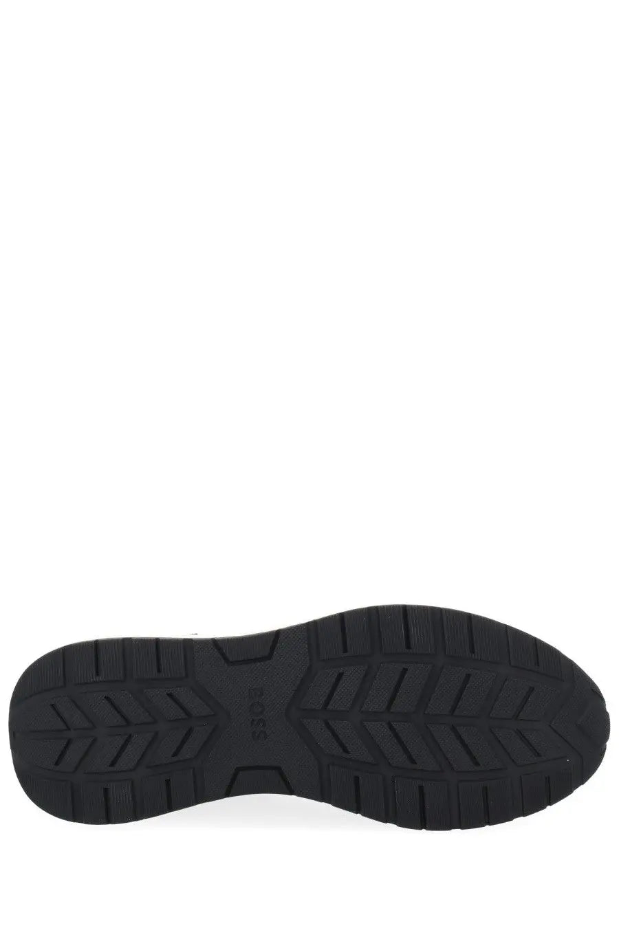 Black rubber sole with textured geometric tread and ecco branding on the boss men’s sneaker vinston black