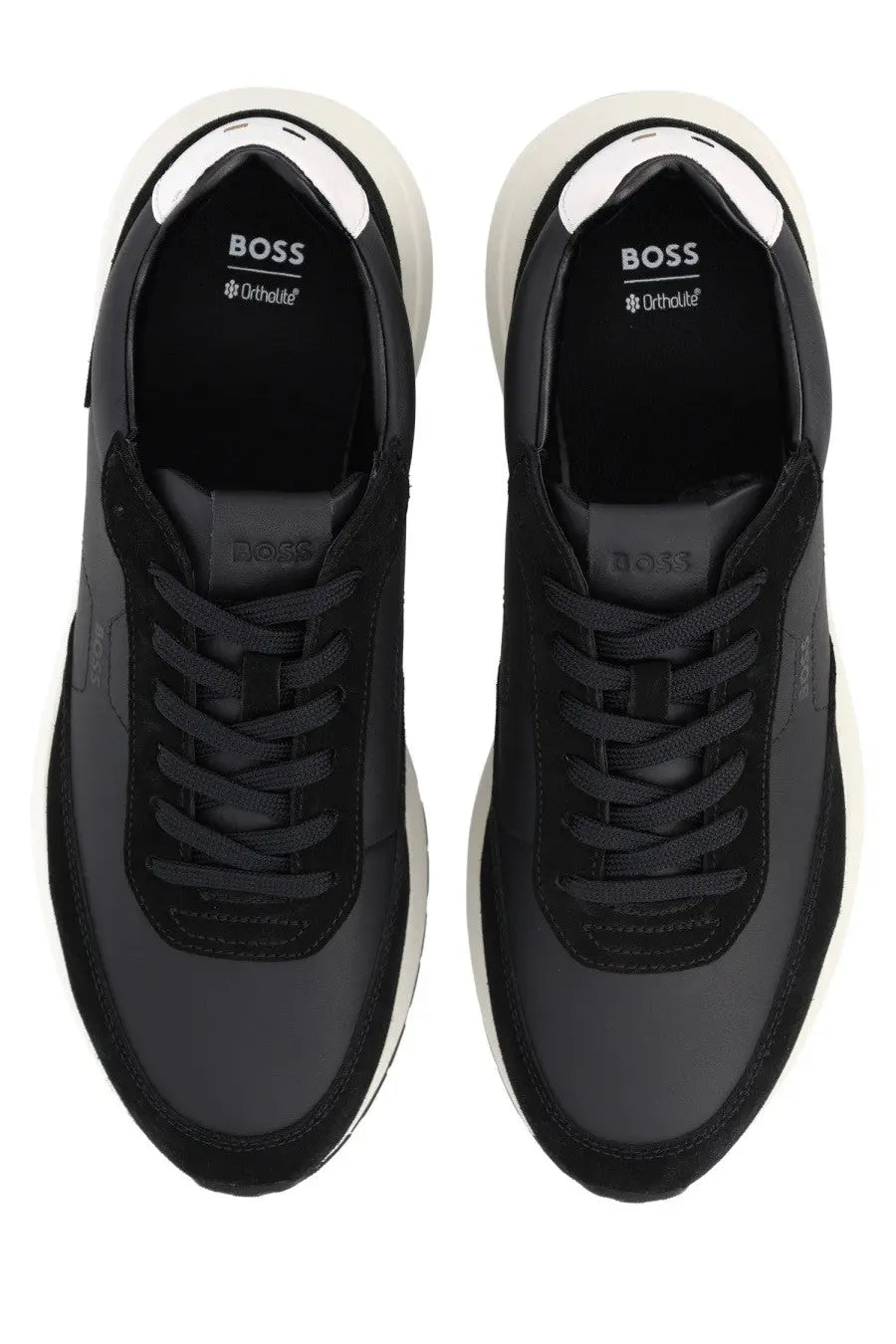 Boss men’s sneaker vinston black with white rubber soles and subtle gray accents in black leather design