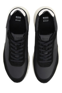 Boss men’s sneaker vinston black with white rubber soles and subtle gray accents in black leather design
