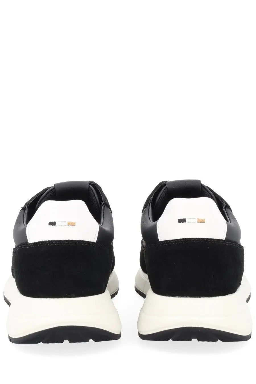 Back view of boss men’s sneaker vinston black featuring black and white suede upper rubber sole and heel logo detail