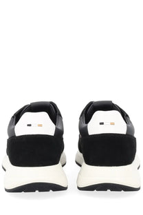Back view of boss men’s sneaker vinston black featuring black and white suede upper rubber sole and heel logo detail