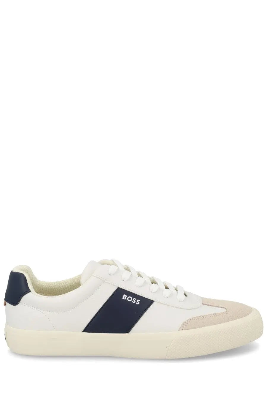 BOSS men’s sneaker white with white and navy blue minimalist design and premium leather material