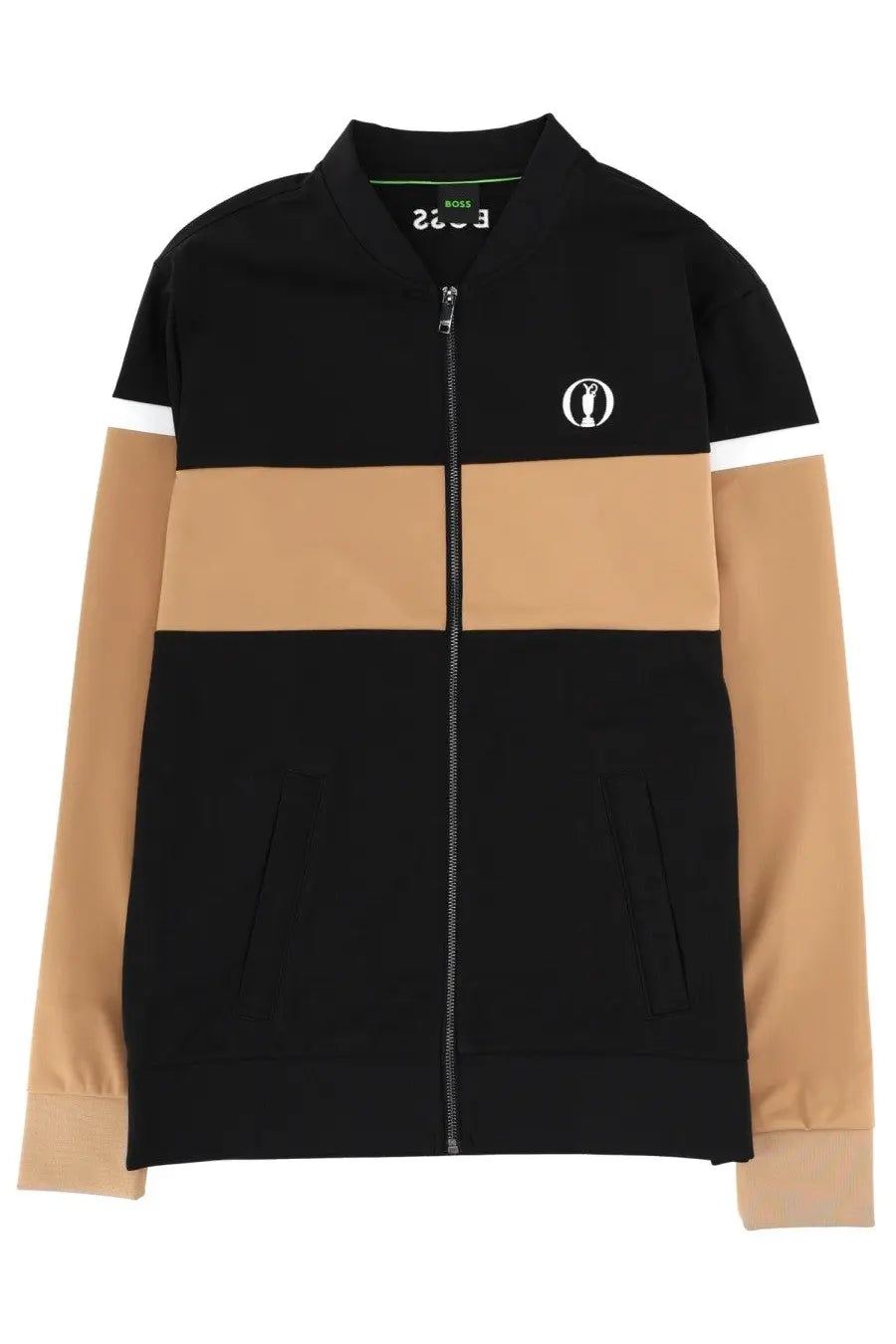 BOSS men’s softshell sweatshirt black with black and tan color-blocked bomber jacket design and white trim on sleeves