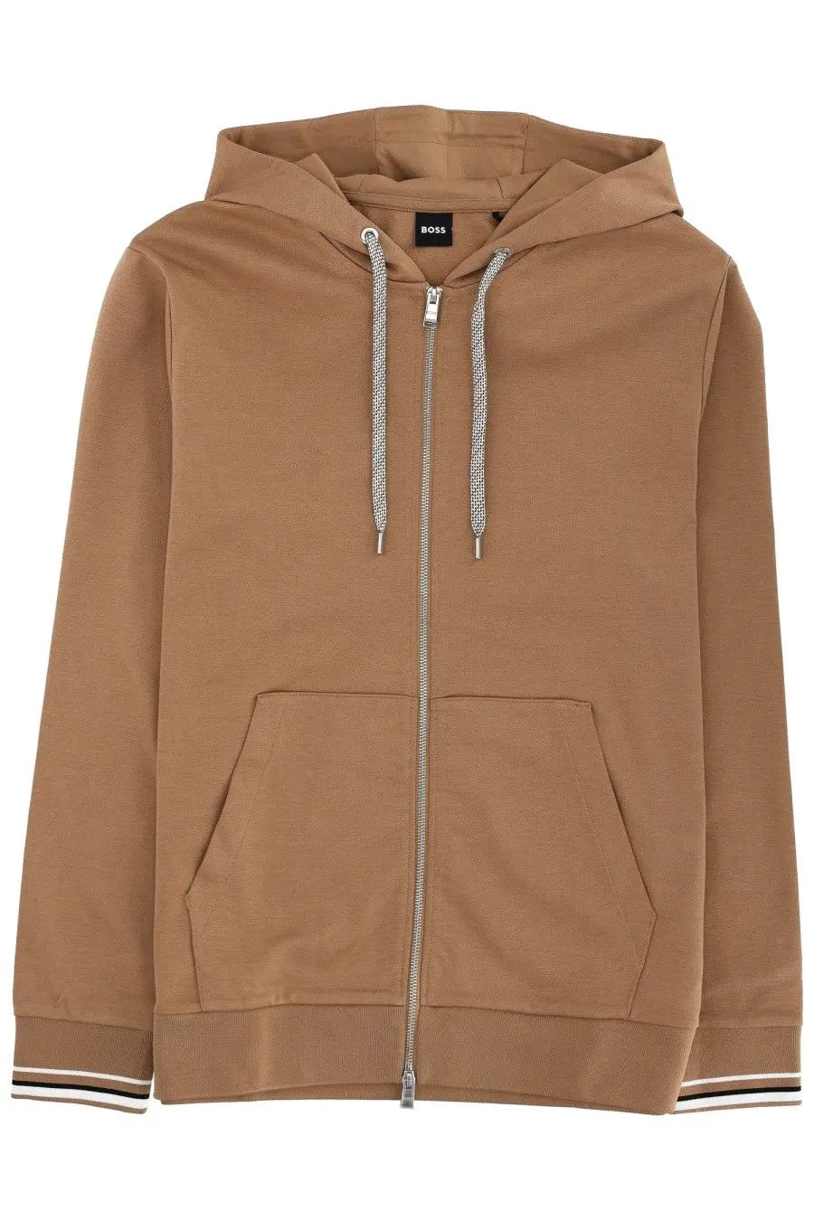 Tan boss men’s spencer sweatshirt beige zip-up hoodie with silver zipper drawstrings and ribbed cuffs hem with white stripes