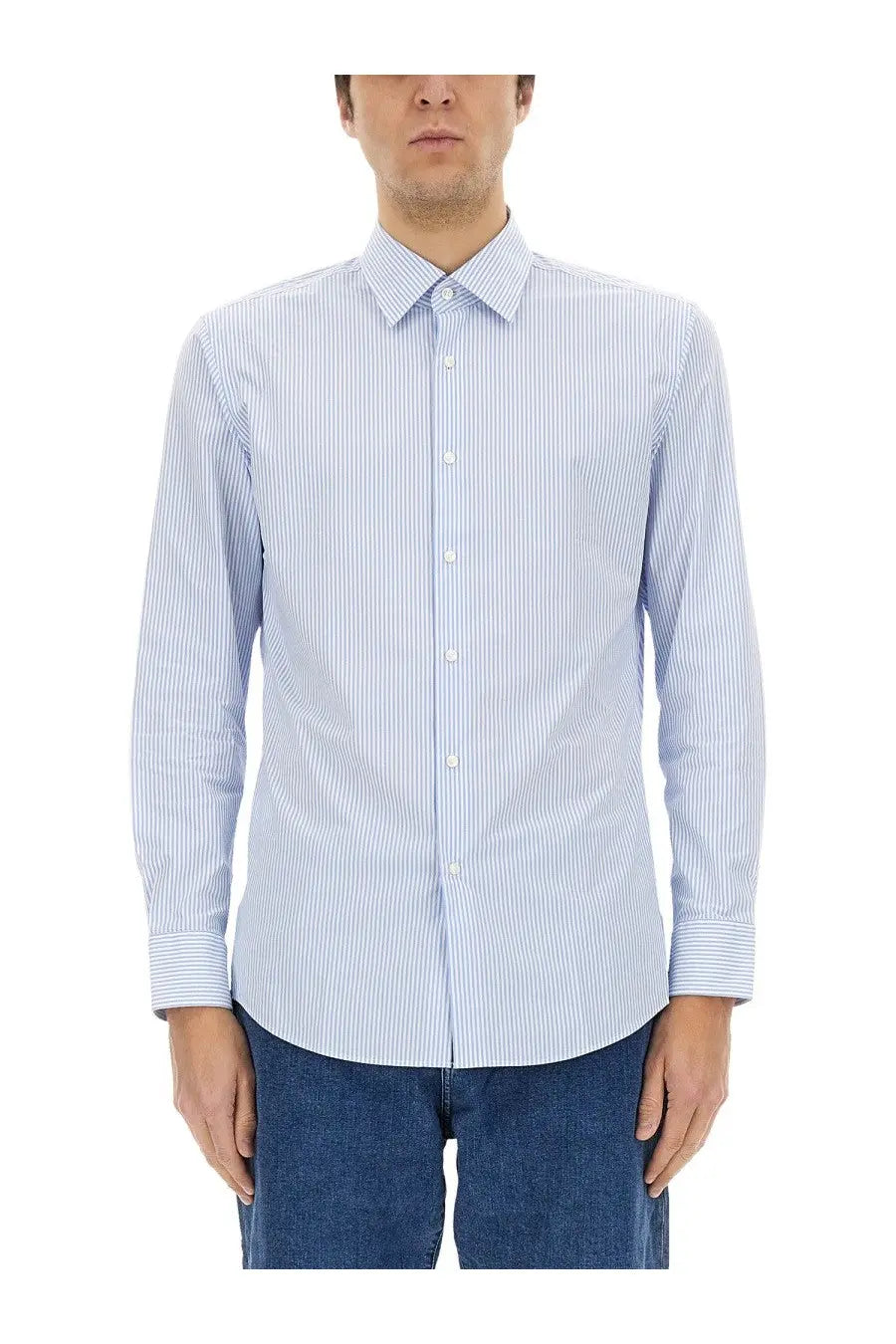 Boss men’s striped shirt blue with light blue and white vertical stripes long sleeve classic collar button front