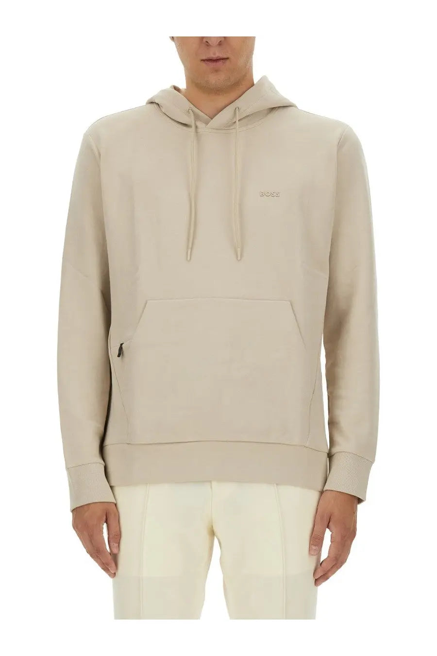 BOSS men’s beige hoodie with subtle embroidered logo on chest and matching drawstrings in soft material