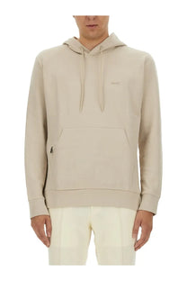BOSS men’s beige hoodie with subtle embroidered logo on chest and matching drawstrings in soft material