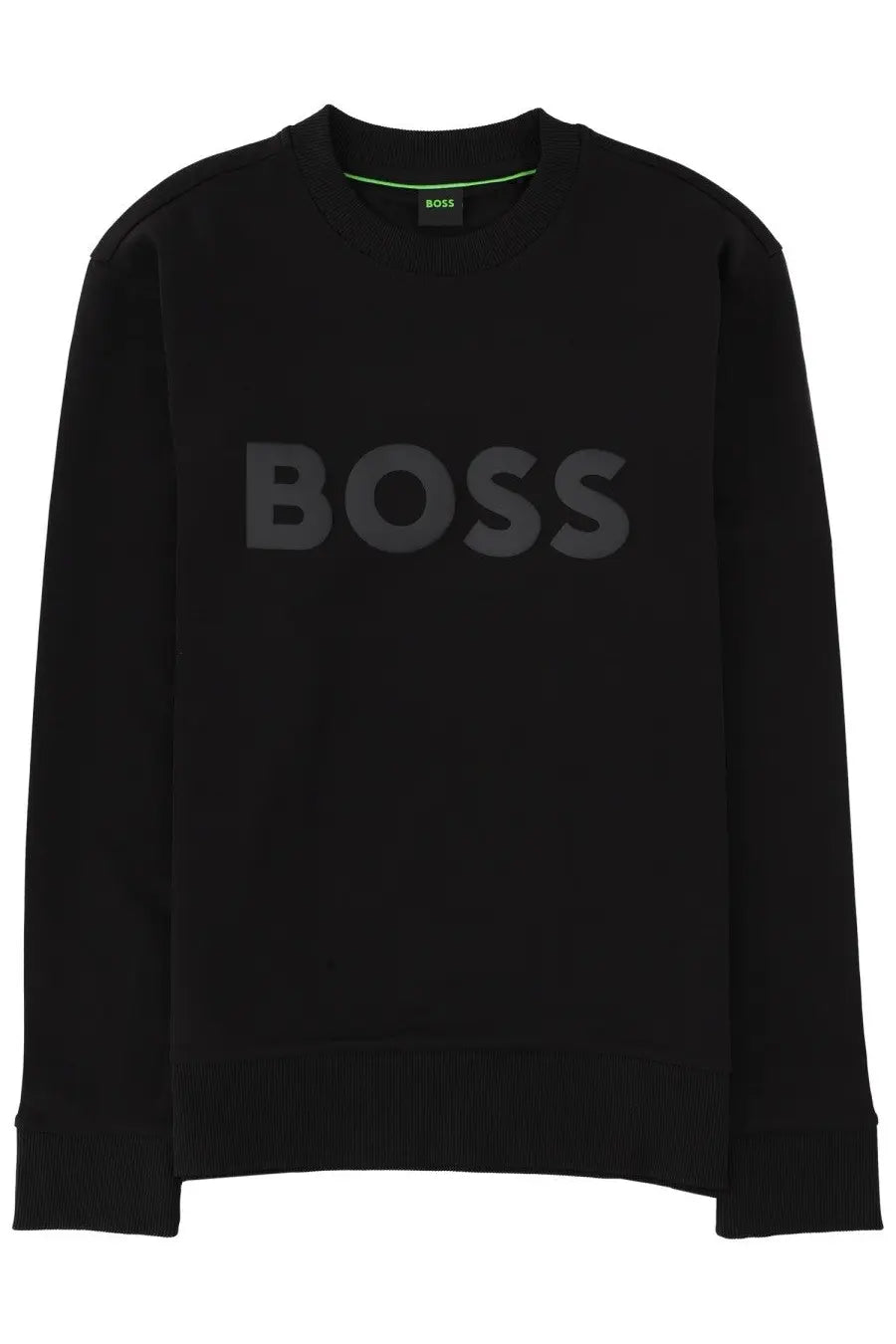 BOSS men’s black sweatshirt featuring a large dark gray boss logo and neon green collar trim for casual wear