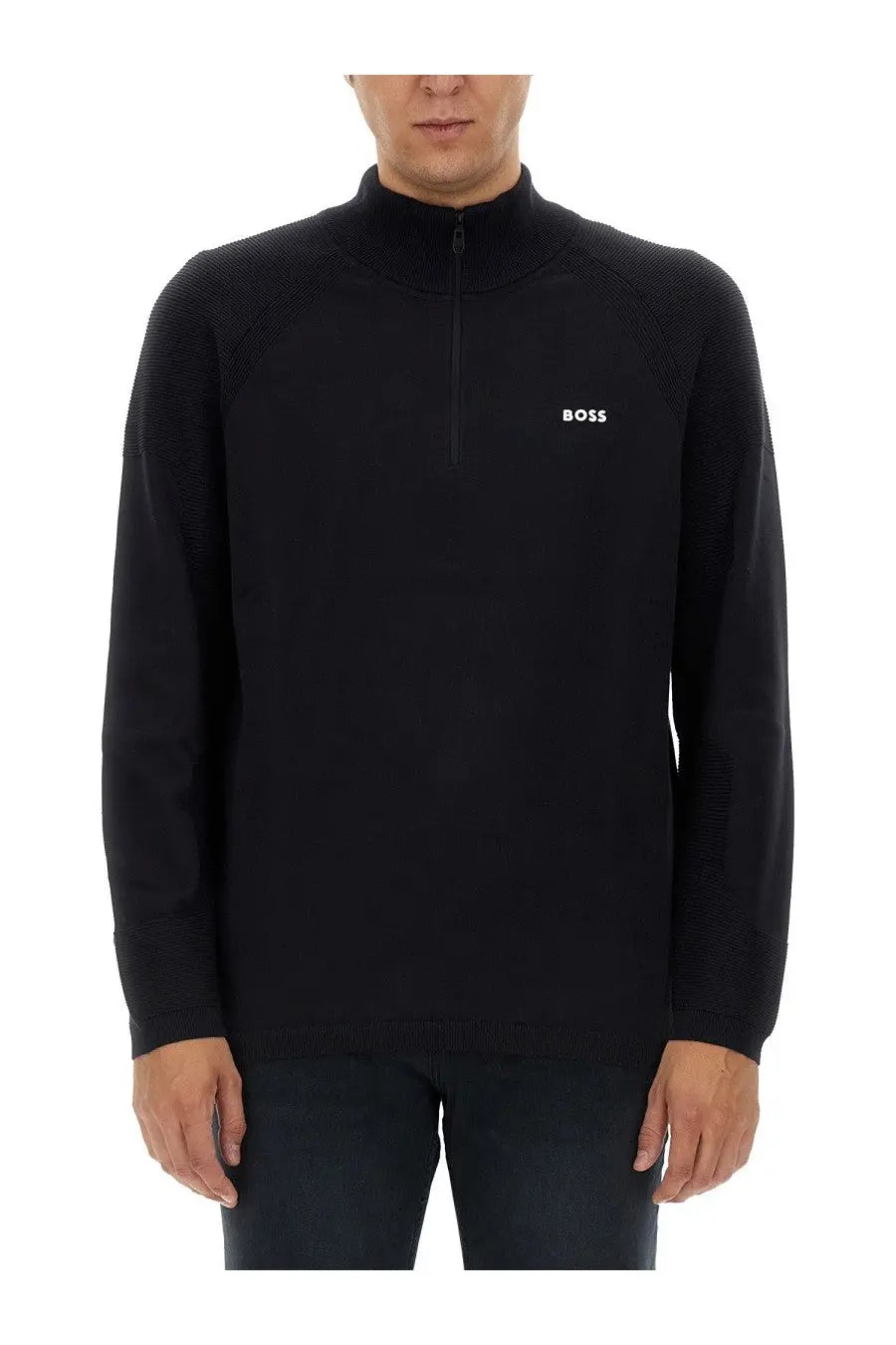 Boss men’s black quarter-zip knit sweater with subtle textured pattern and white logo on the chest