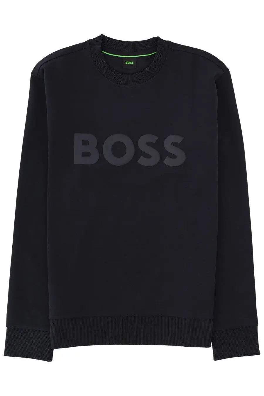 Boss men’s sweatshirt in black with a subtle gray logo and neon green trim at the neckline