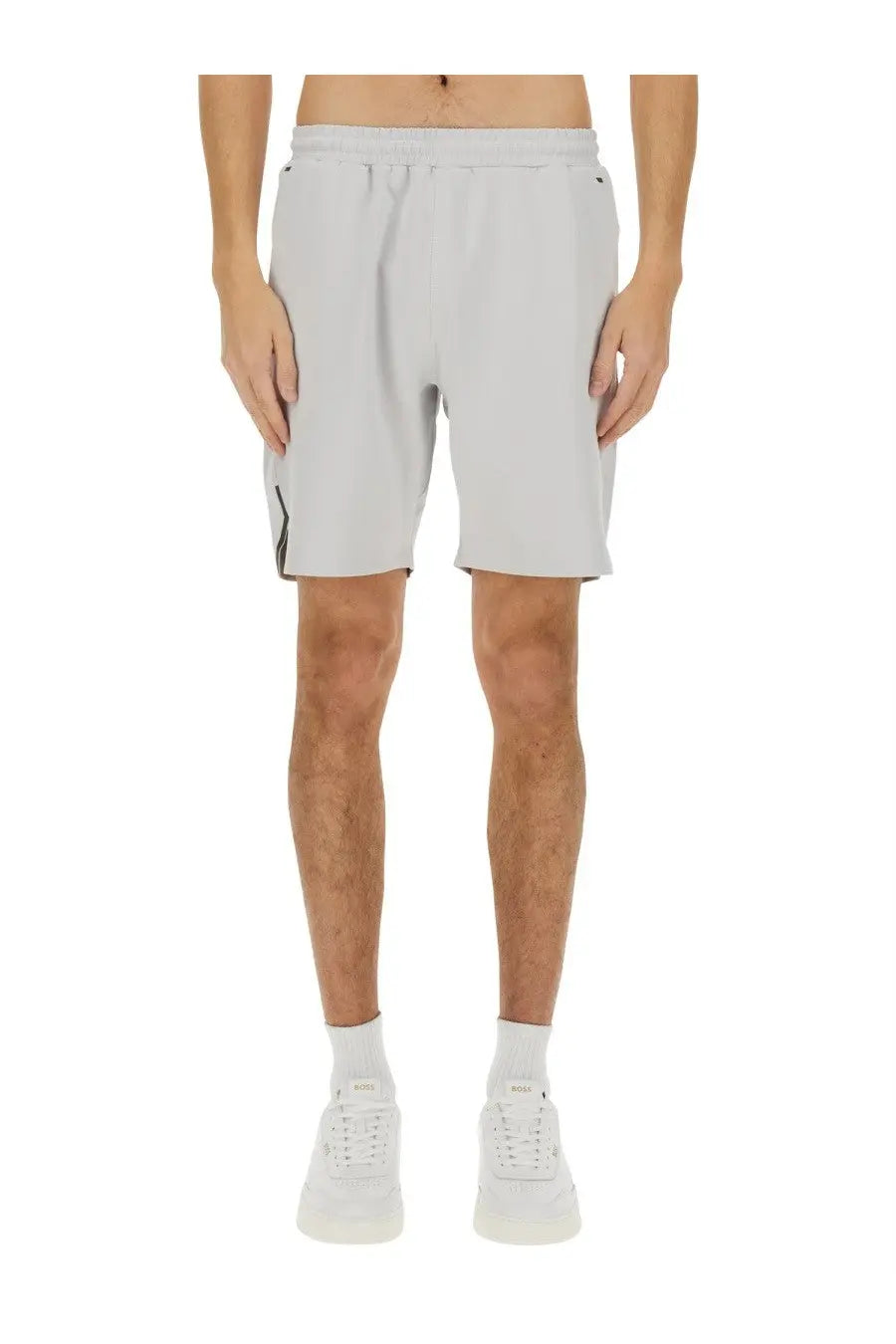 Boss men’s technical fabric bermuda shorts in light gray with a subtle black logo on the side