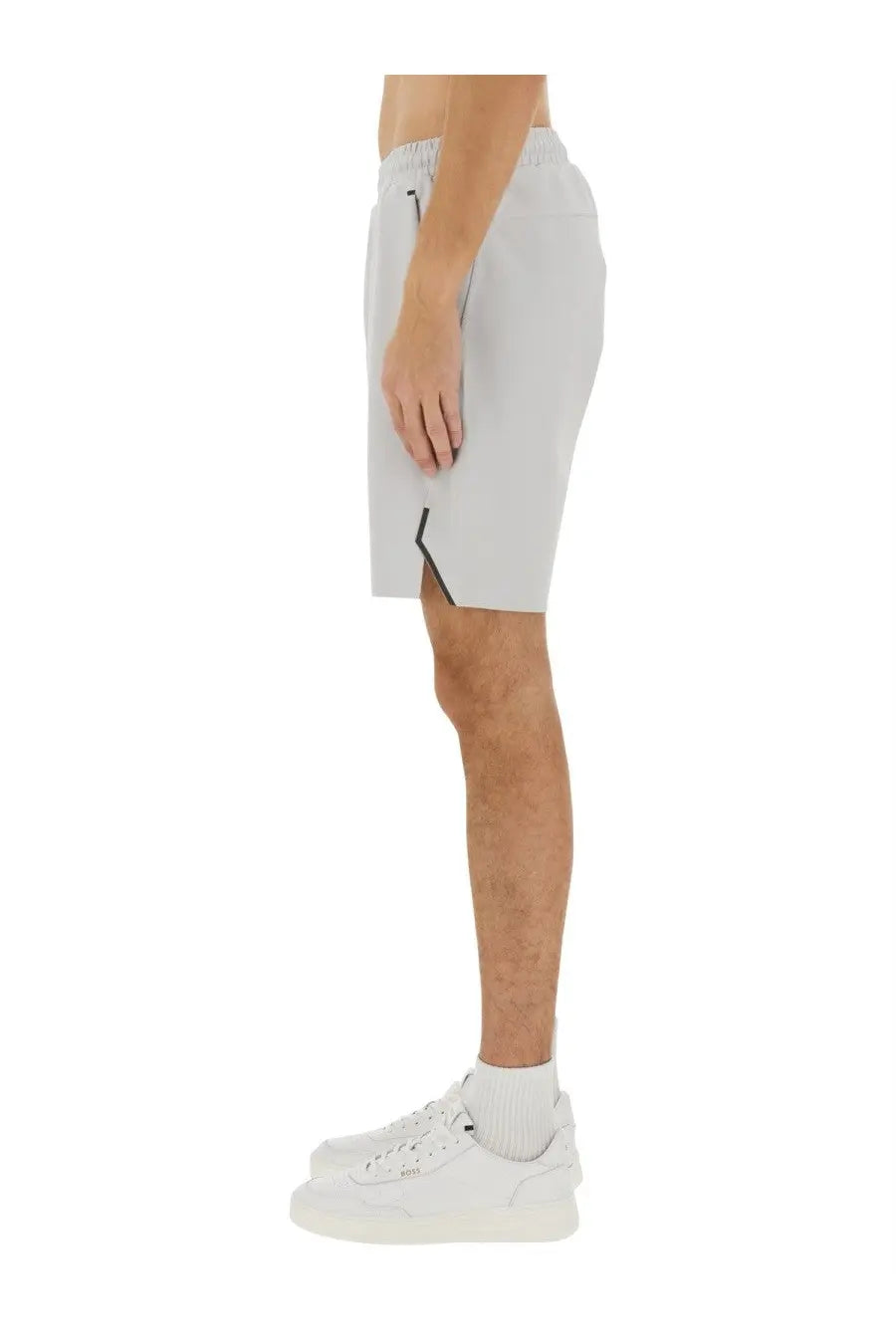BOSS men’s technical fabric bermuda shorts in light gray with a subtle black side seam zipper detail