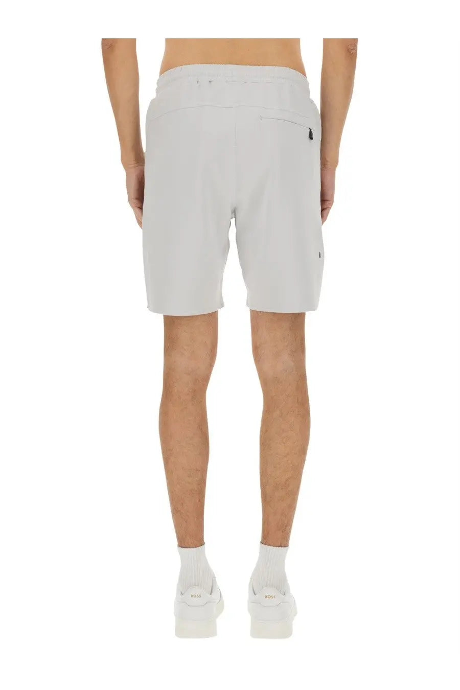 Boss men’s technical fabric bermuda shorts in light gray with sleek design and subtle side pocket zipper