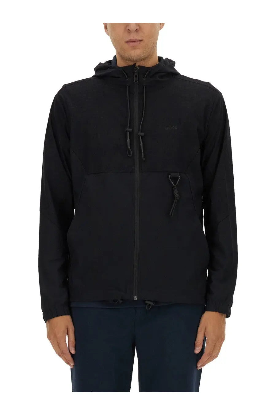 Boss men’s black technical fabric sweatshirt with full-length zipper hood and adjustable cuffs in hooded jacket style