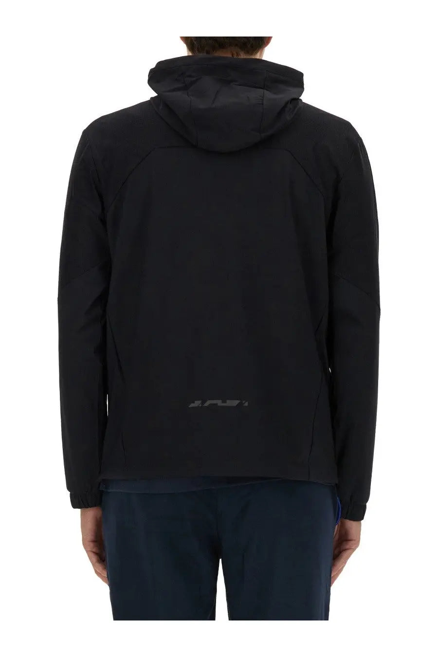 Back view of boss men’s black technical fabric sweatshirt with subtle gray logo at lower back
