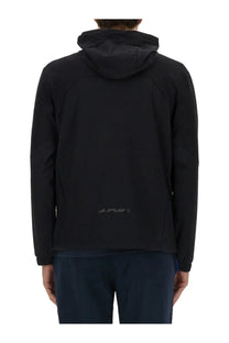Back view of boss men’s black technical fabric sweatshirt with subtle gray logo at lower back
