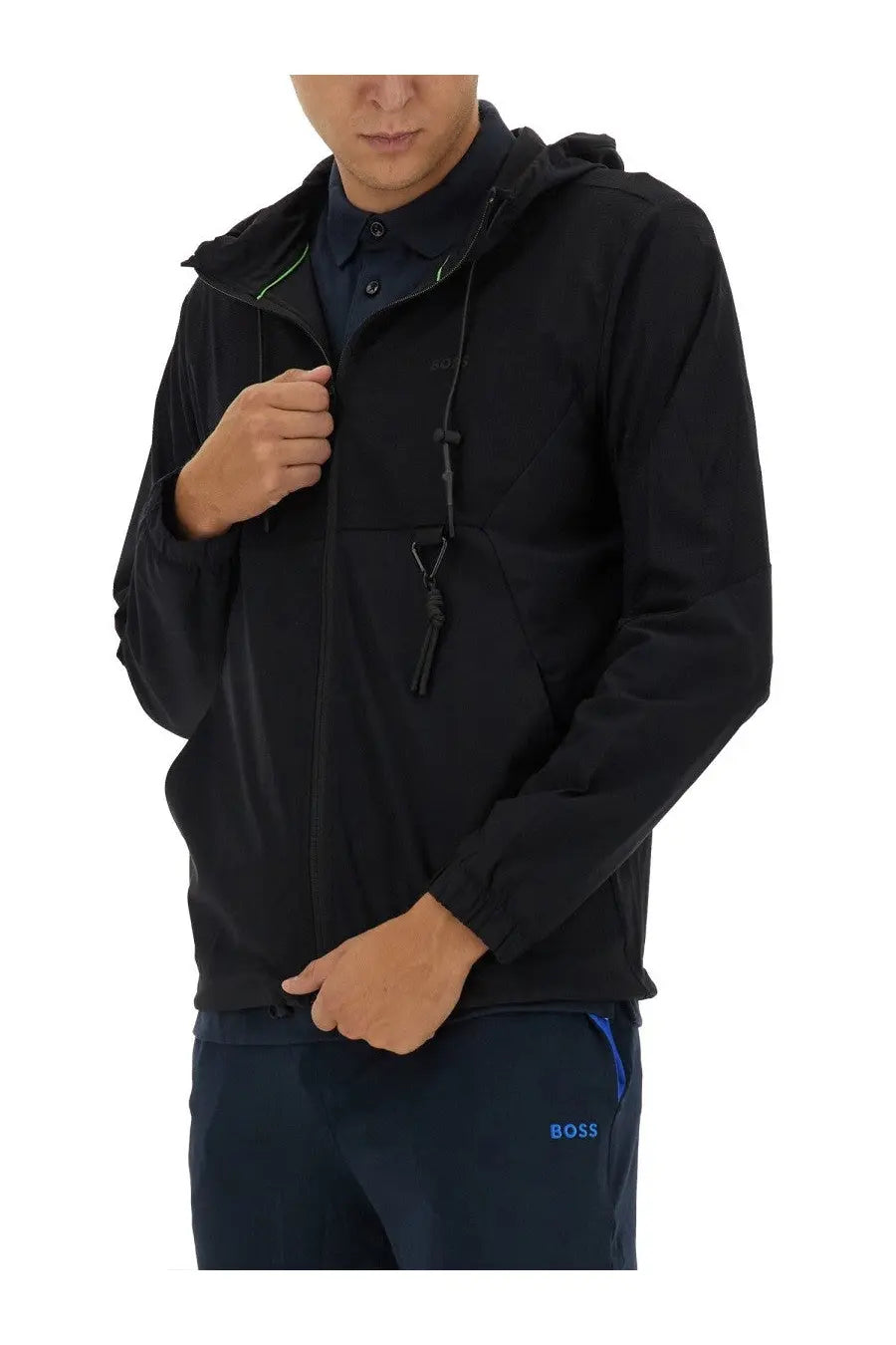Boss men’s technical fabric sweatshirt black hooded jacket with subtle green and blue accent stitching front view