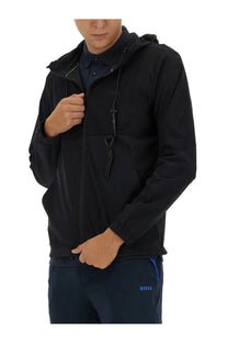 Boss men’s technical fabric sweatshirt black hooded jacket with subtle green and blue accent stitching front view