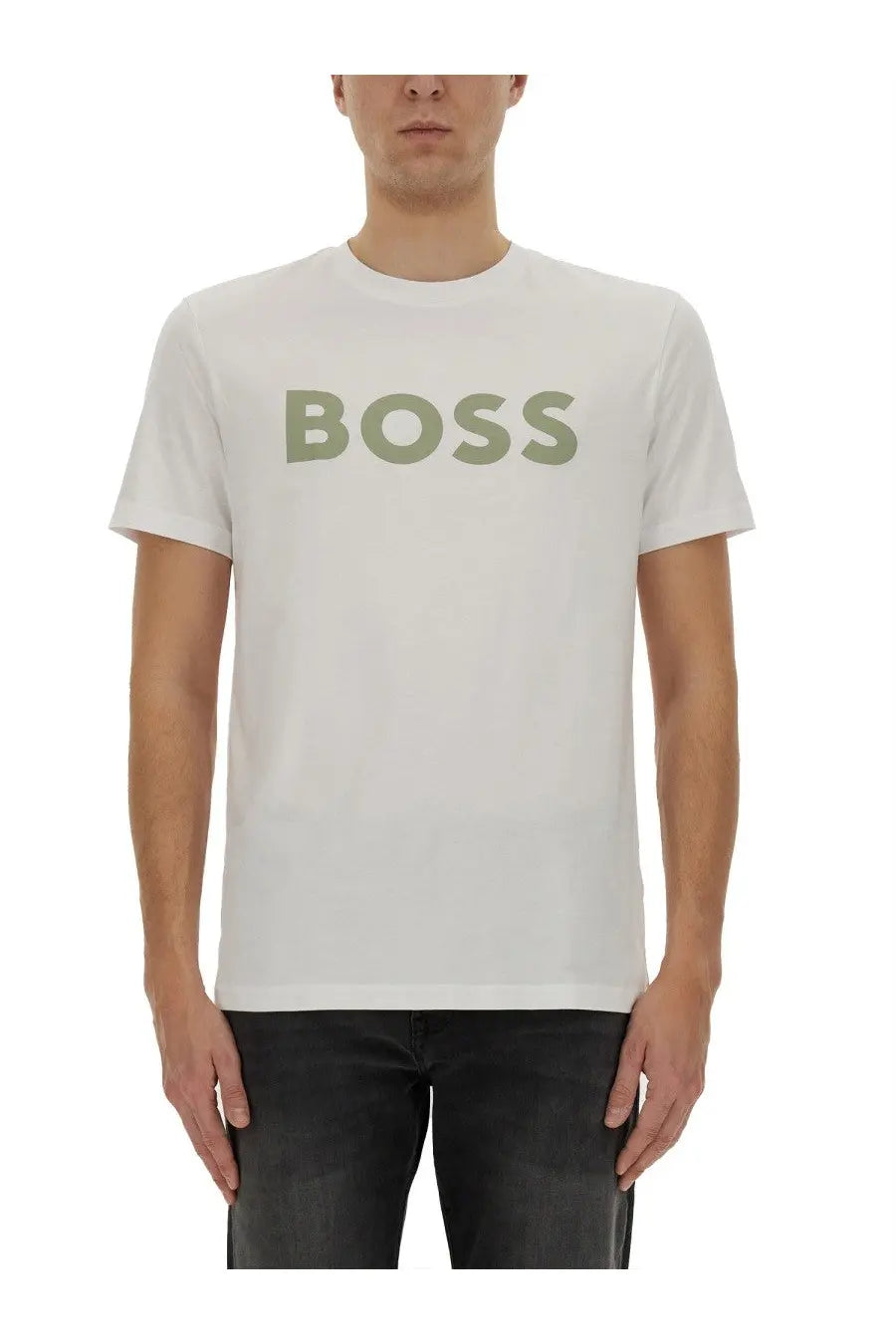 BOSS men’s thinking shirt white t-shirt with olive green boss logo printed across the chest
