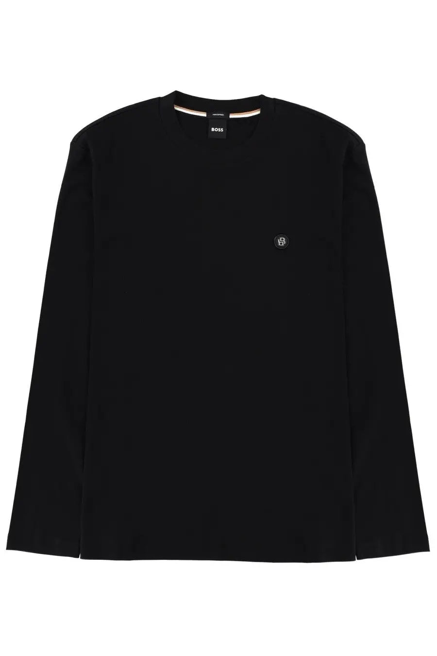 Boss men’s townlwy black long sleeve crew neck t shirt with subtle embroidered logo and branded neckline tag