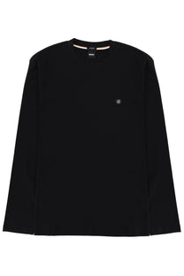 Boss men’s townlwy black long sleeve crew neck t shirt with subtle embroidered logo and branded neckline tag