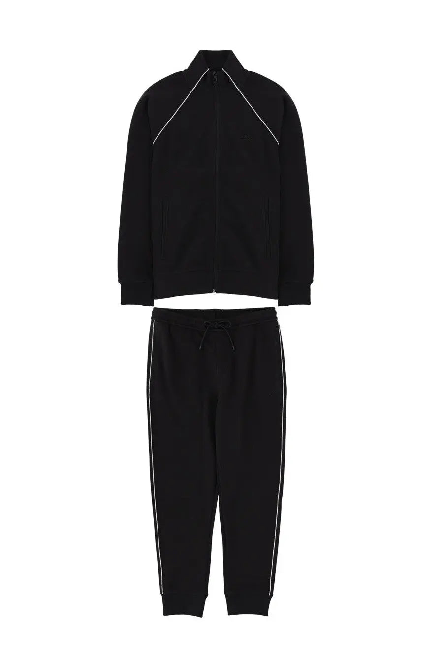 Boss men’s black tracksuit set with white piping details made of comfortable fabric for casual and sportswear use