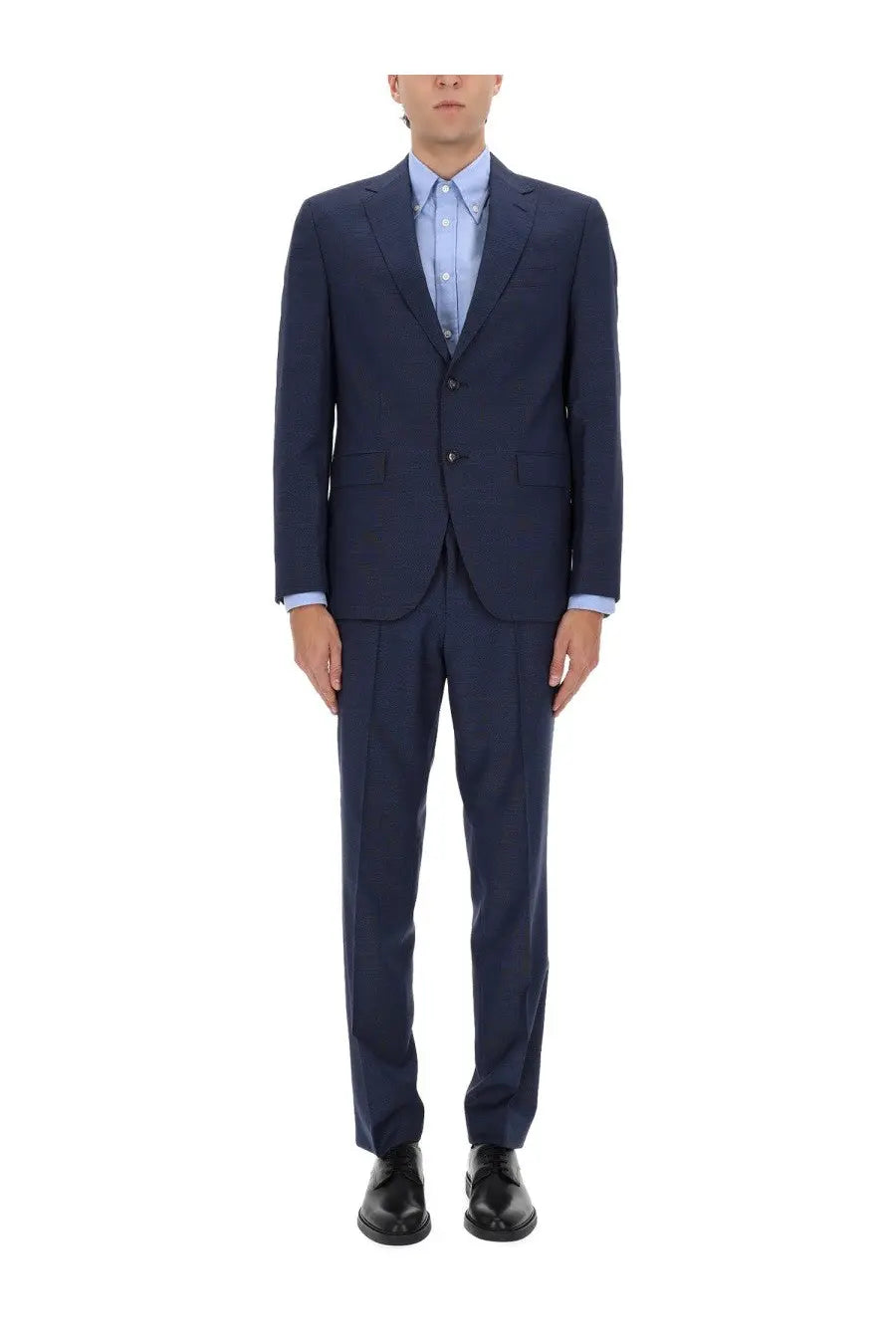 BOSS men’s two piece dress Jeckson blue navy wool suit with notched lapels and two button closure