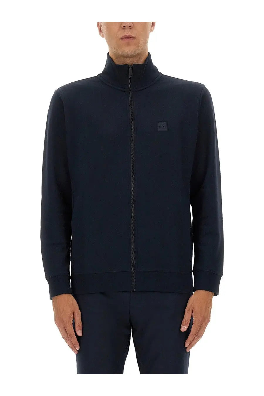 Boss men’s navy blue zip sweatshirt with subtle square logo on chest made of soft zip-up fabric