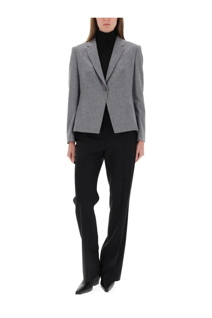 BOSS women’s gray flannel blazer with a herringbone pattern and single button closure for formal wear