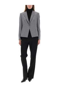 BOSS women’s gray flannel blazer with a herringbone pattern and single button closure for formal wear