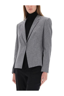 BOSS women’s grey flannel blazer with gray textured fabric single button closure and notched lapels