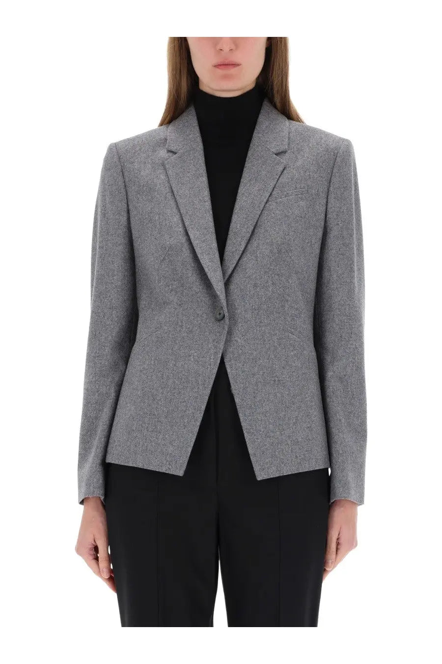 Boss women’s flannel blazer grey wool with textured fabric notched lapels and single button closure