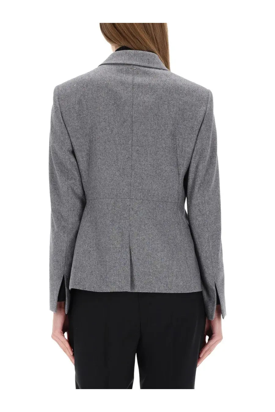 BOSS women’s gray flannel blazer with textured wool fabric, structured fit, and notched collar