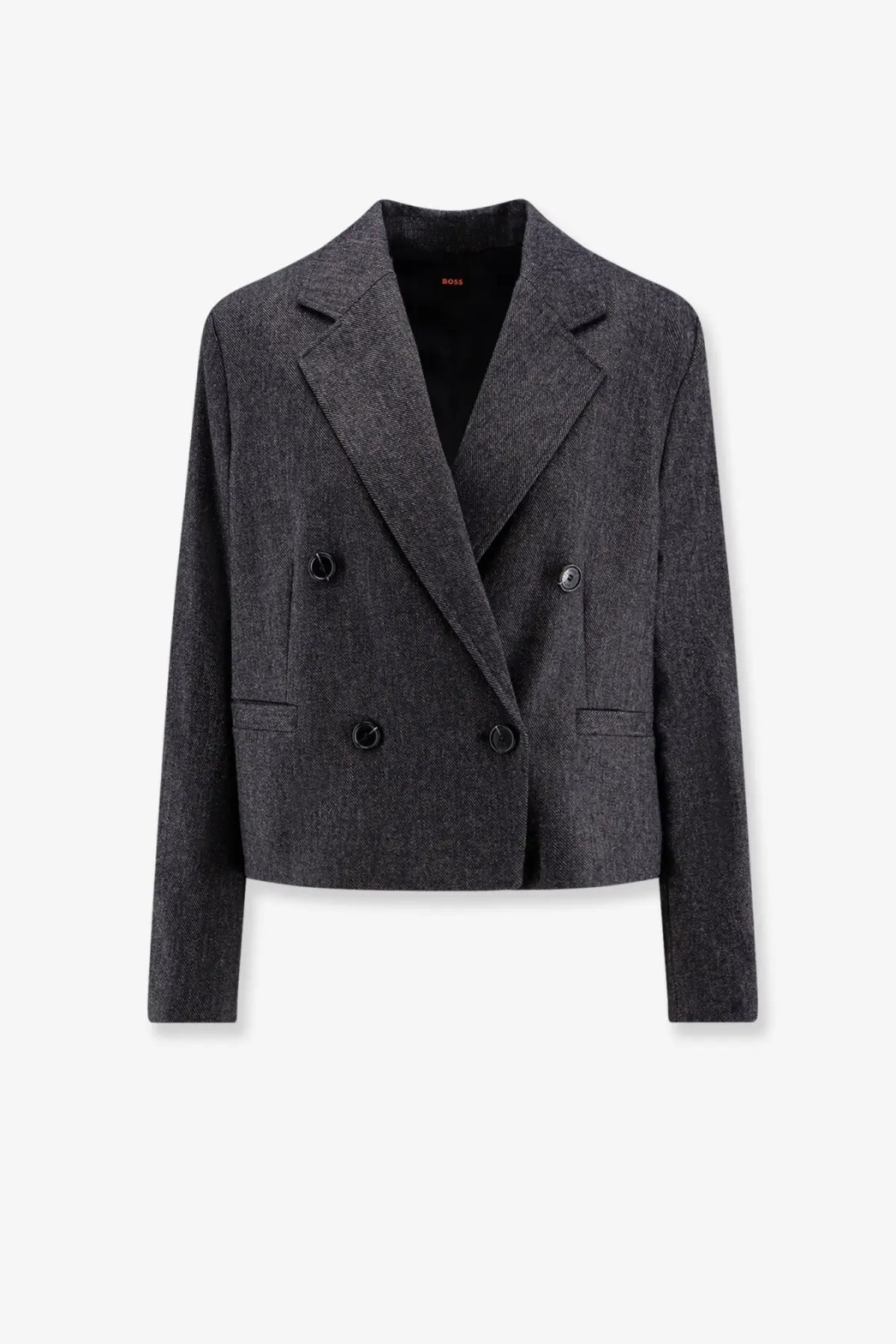 Dark gray double breasted wool blend blazer with textured fabric and black buttons from boss women’s jafleni collection