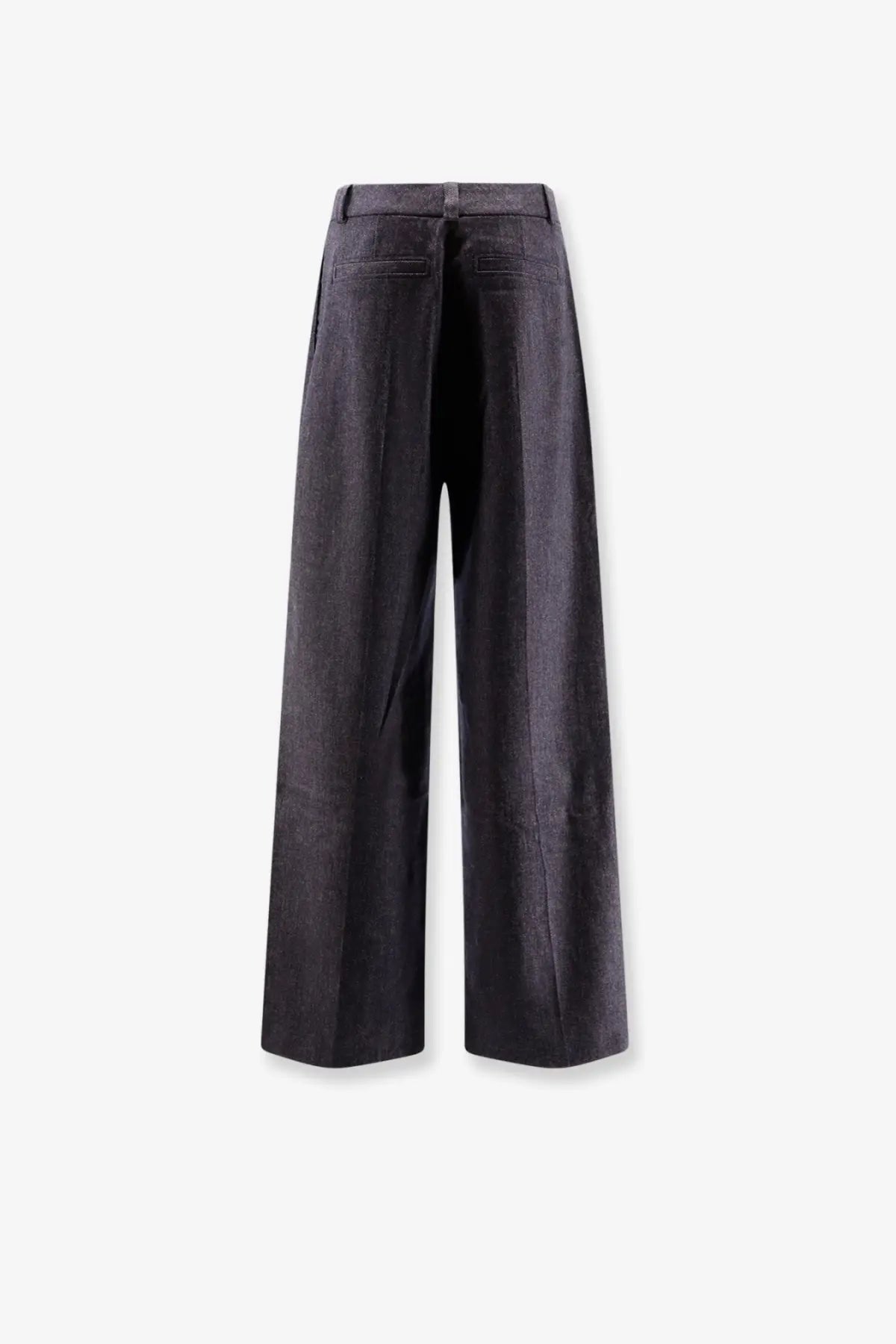 Dark gray wide-leg trousers with subtle textured fabric and classic back pockets shown from the back by boss women