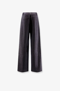 Dark gray wide-leg trousers with subtle textured fabric and classic back pockets shown from the back by boss women