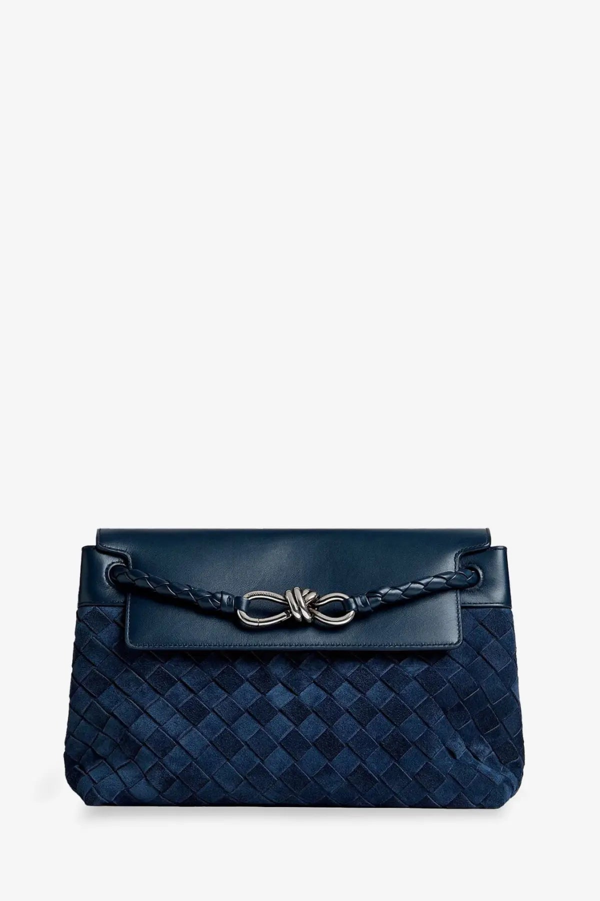 Bottega Veneta men’s andiamo messenger suede crossbody bag in deep navy blue with woven leather texture and silver knot clasp