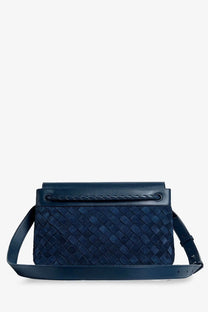 Bottega Veneta men’s andiamo messenger bag in navy blue woven leather with braided strap detail crossbody bag Neptune-Vintage Silv
