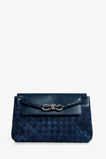 Deep navy blue bottega veneta men’s andiamo messenger suede crossbody bag with woven leather texture and silver knot clasp