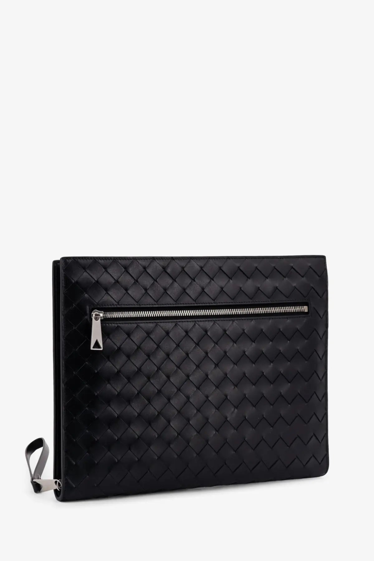 Bottega Veneta men’s avenue black leather document case with distinctive woven pattern and silver-toned zipper