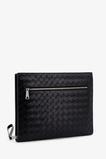Bottega Veneta men’s avenue black leather document case with distinctive woven pattern and silver-toned zipper