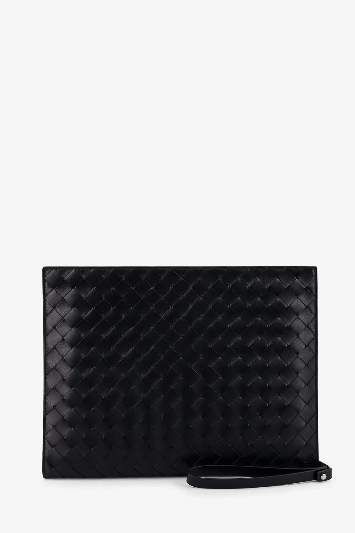 Bottega Veneta men’s Avenue black leather document case with a distinctive woven pattern and matching wrist strap