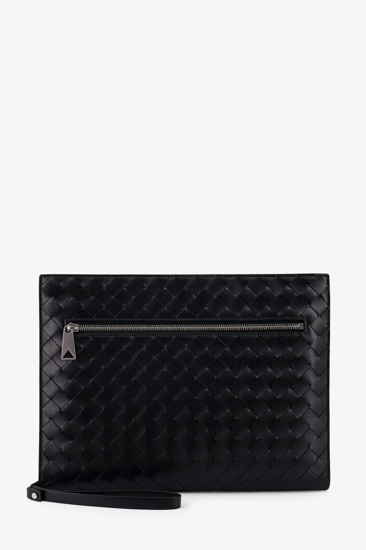 Bottega Veneta men’s avenue black leather document case with woven texture and silver-toned zipper