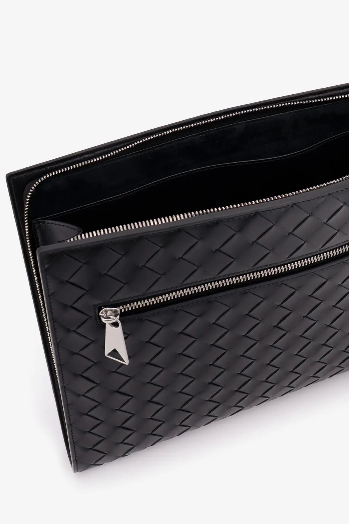 Bottega Veneta men’s avenue leather document case black with black woven leather and silver zippers with triangular pull tab