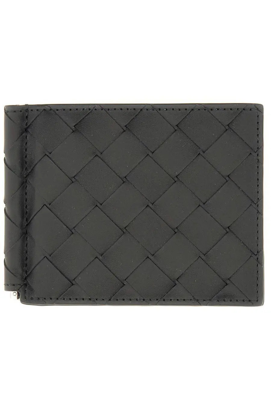 Bottega Veneta men’s braided wallet black with sleek woven leather pattern and precise stitching along edges