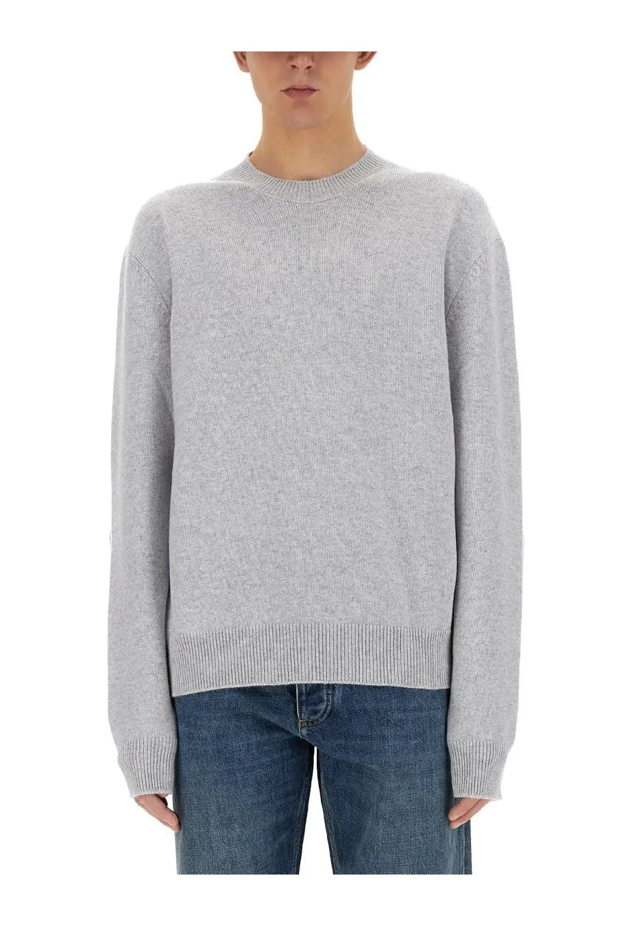 Bottega Veneta men’s cashmere sweater in soft heather gray with ribbed cuffs and hem crewneck design