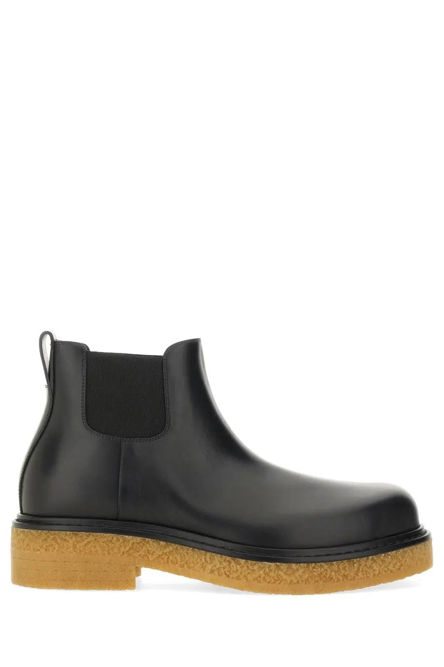 Bottega Veneta men’s black leather chelsea boot with tan cork sole and elastic side panels Haddock model