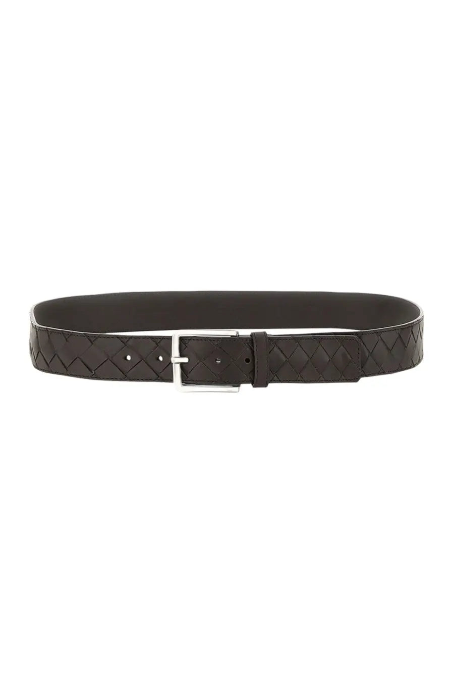 Bottega Veneta men’s black woven leather belt with silver-toned rectangular buckle in pelle brown style