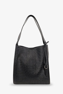 Bottega Veneta men’s Corriere black leather tote bag with woven design and matching shoulder strap
