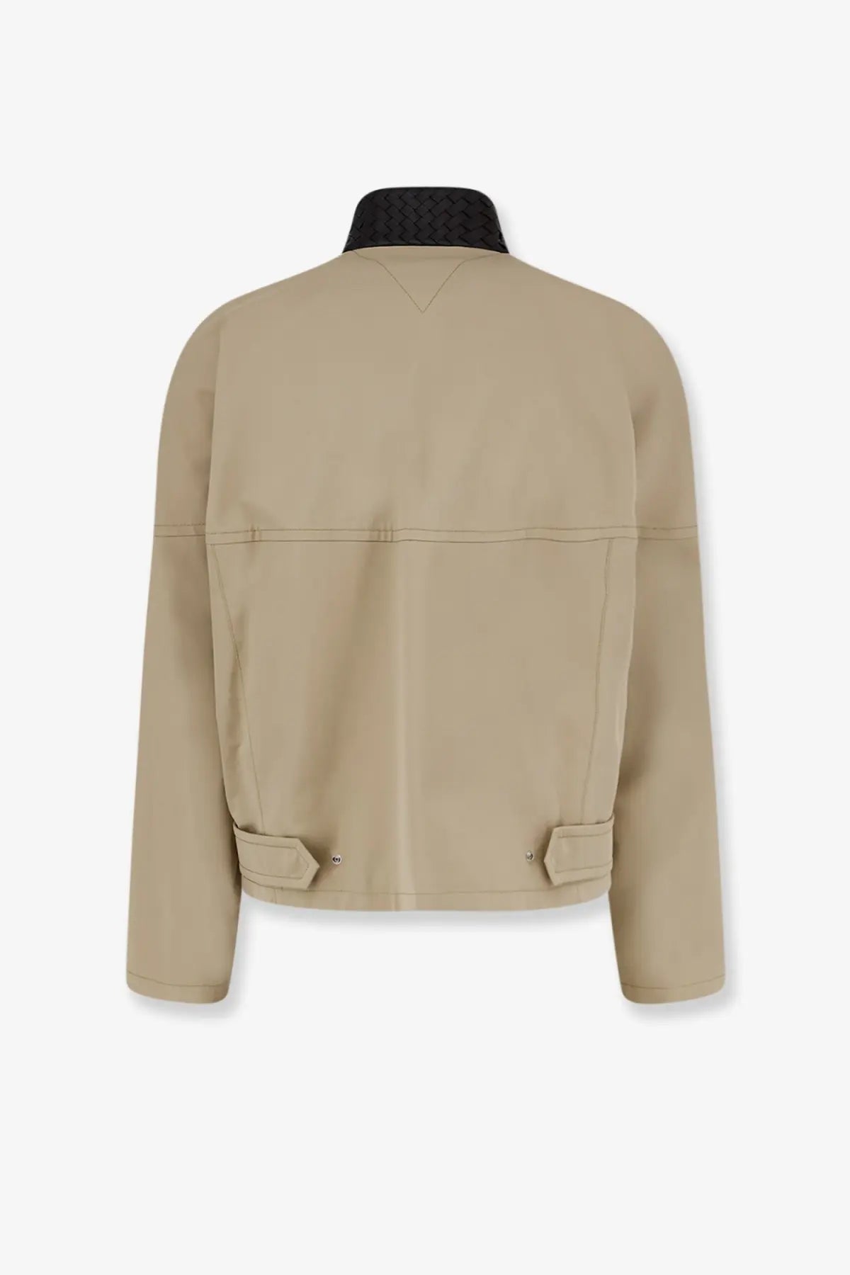 Beige Bottega Veneta men’s cotton jacket Sahara with black woven collar and flap pockets utility style